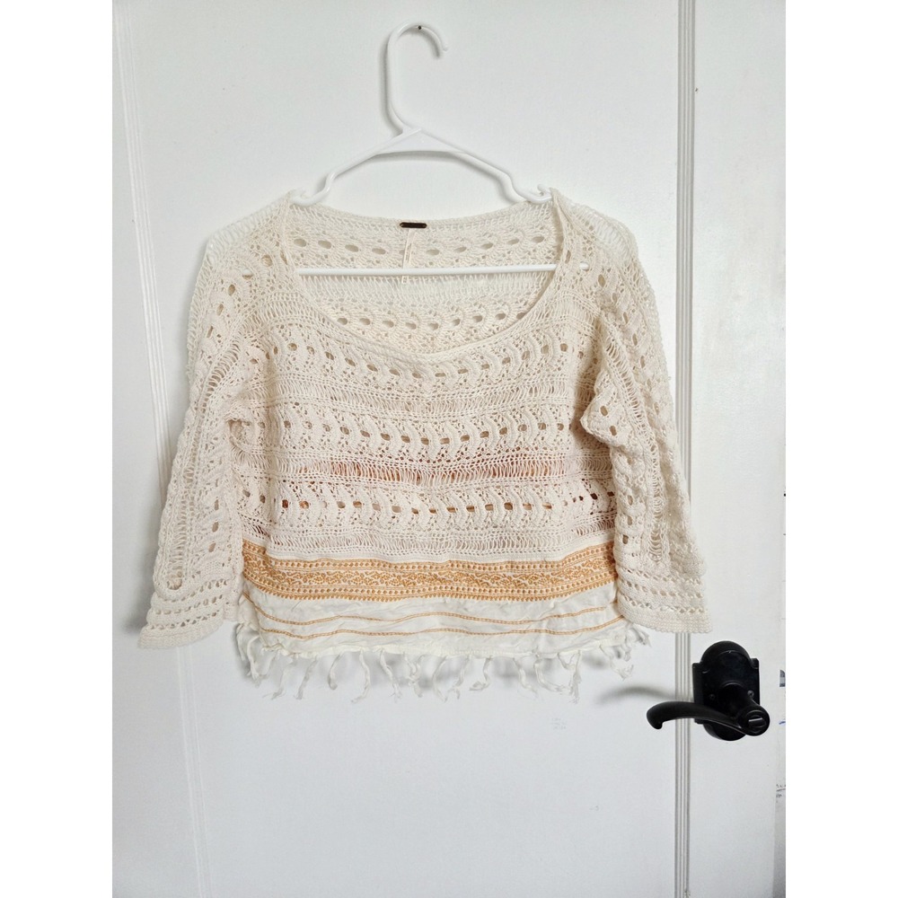 Free People Fringed Crochet Knit Sweater Top XS Cream Boho Festival Layering - Picture 3 of 14